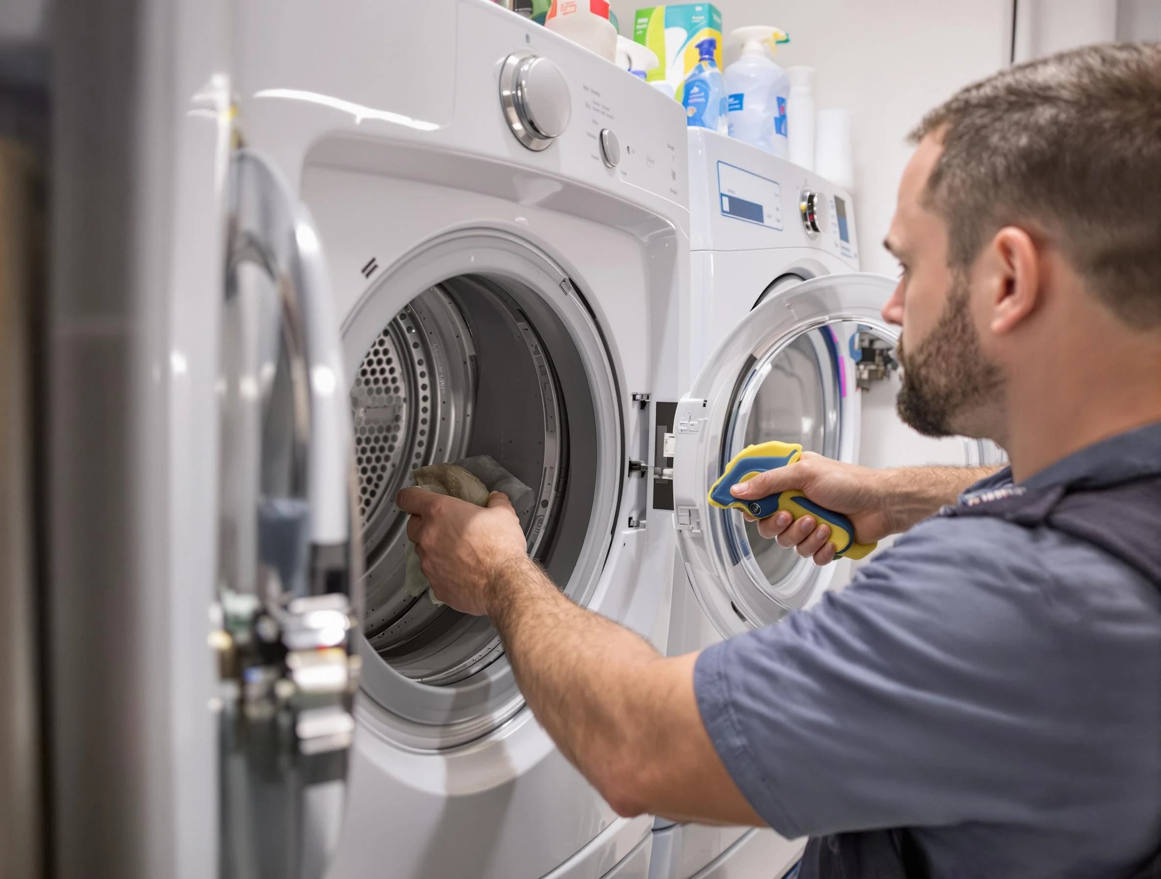 Huntington Beach Dryer Vent Cleaning specialist removing lint buildup from a dryer lint trap system in Huntington Beach