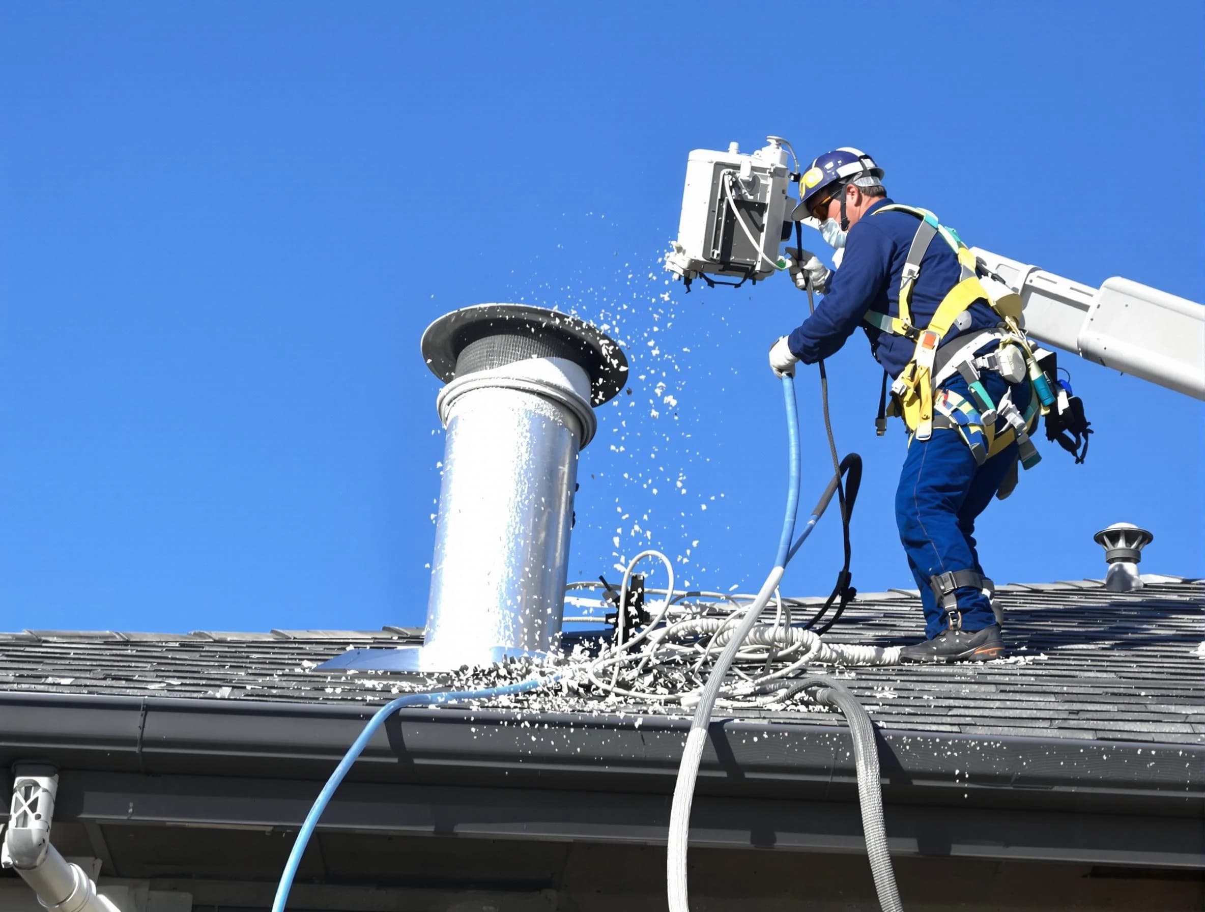 Huntington Beach Dryer Vent Cleaning certified technician safely cleaning a roof-mounted dryer vent in Huntington Beach