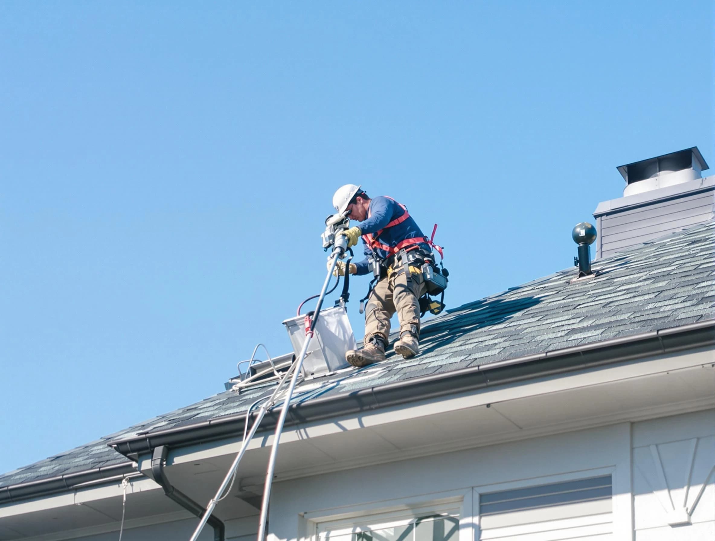 Huntington Beach Dryer Vent Cleaning certified technician cleaning a roof-mounted dryer vent system in Huntington Beach