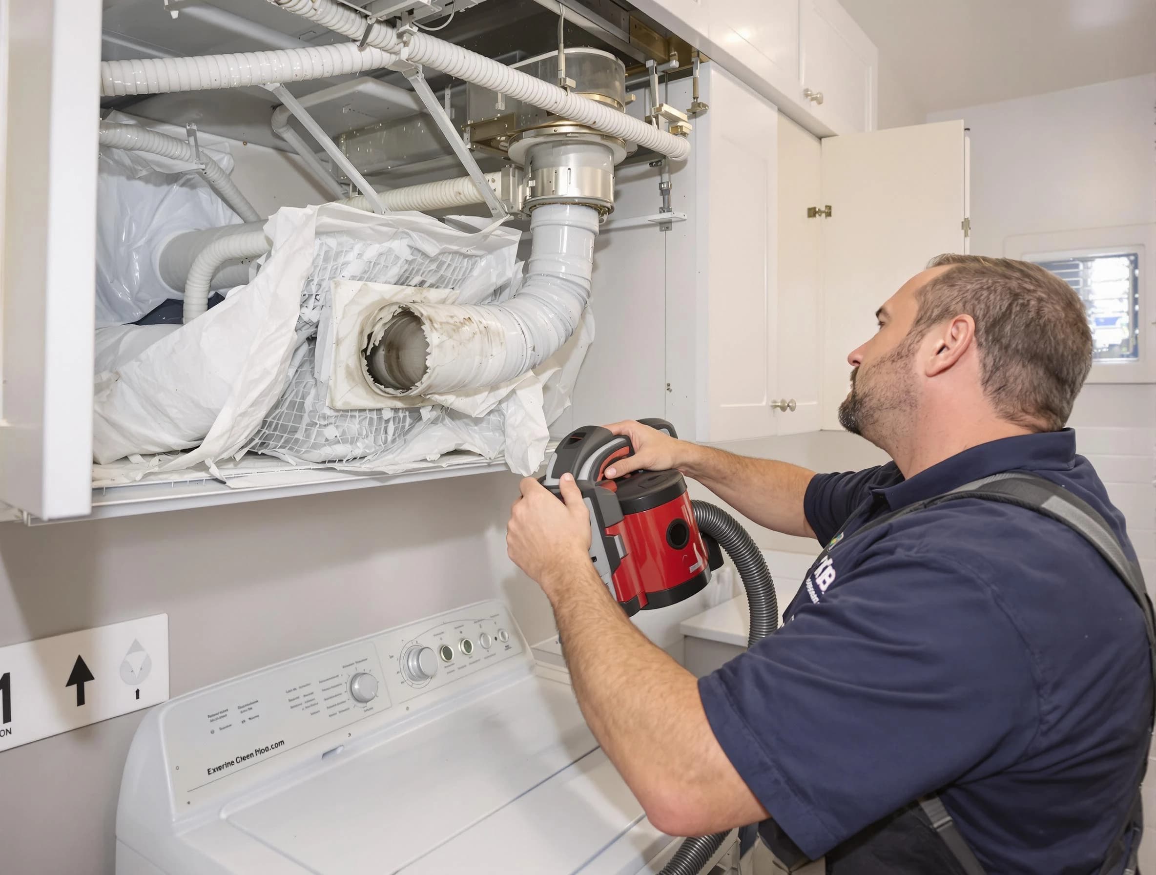 Huntington Beach Dryer Vent Cleaning technician performing professional exhaust vent cleaning at a residential property in Huntington Beach