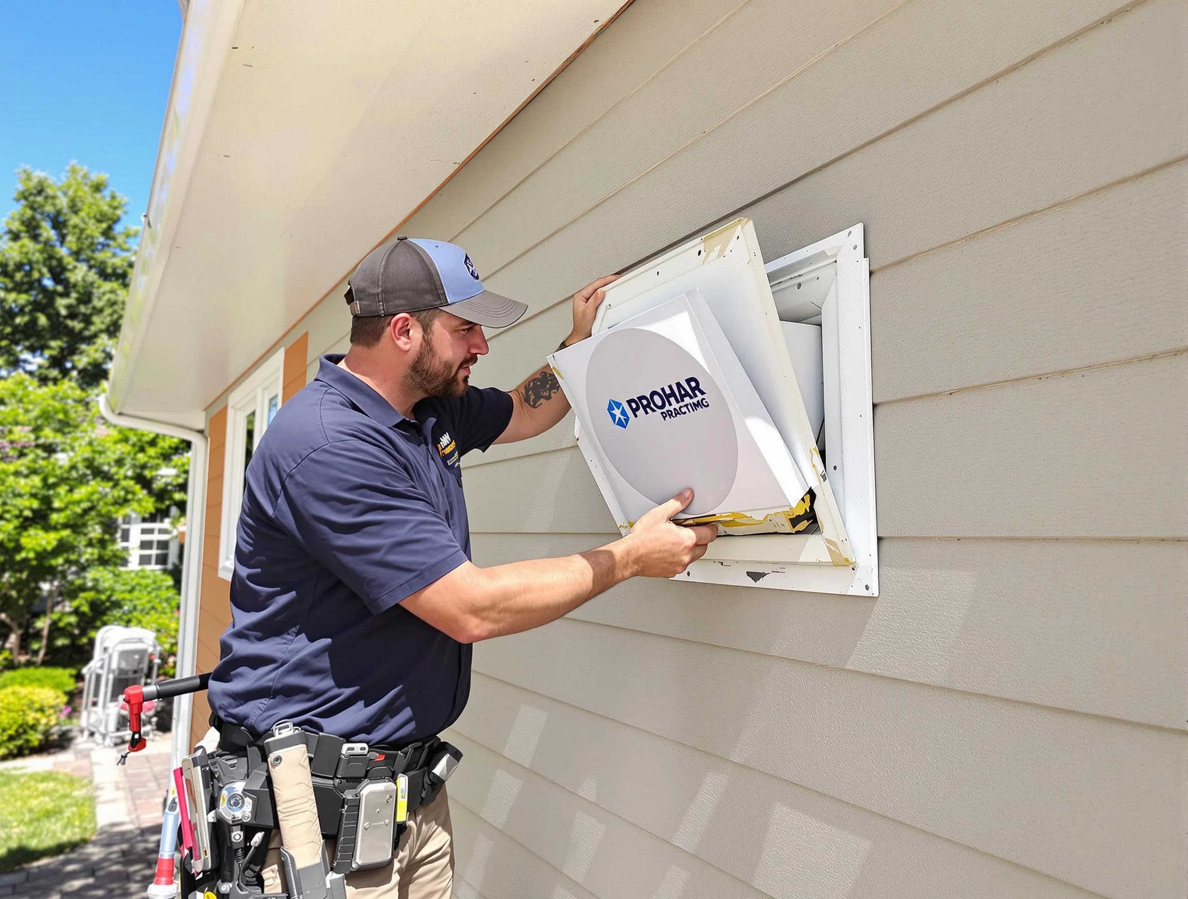 Huntington Beach Dryer Vent Cleaning technician installing a new protective dryer vent cover on a home in Huntington Beach