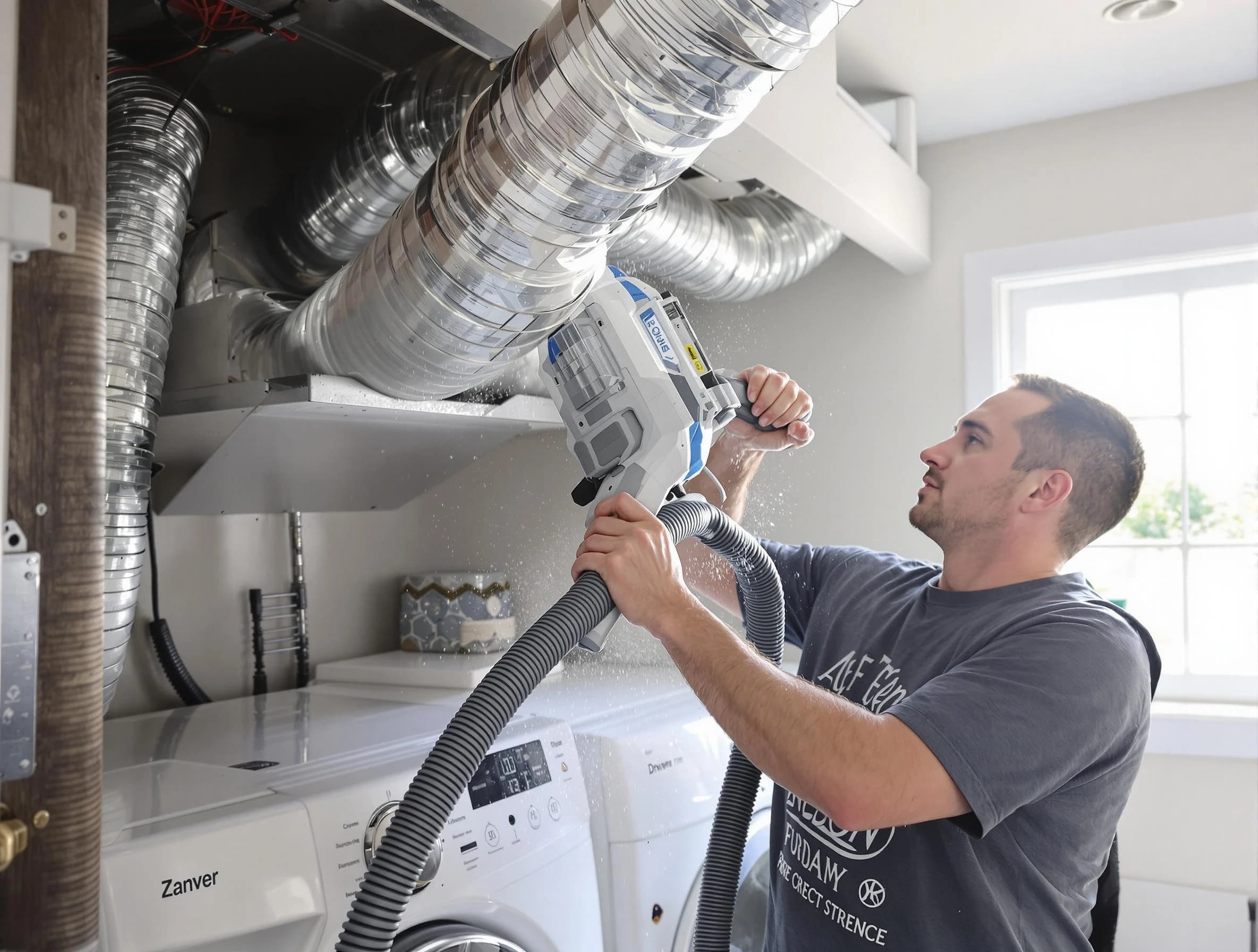Huntington Beach Dryer Vent Cleaning specialist cleaning deep within a dryer vent duct system in Huntington Beach