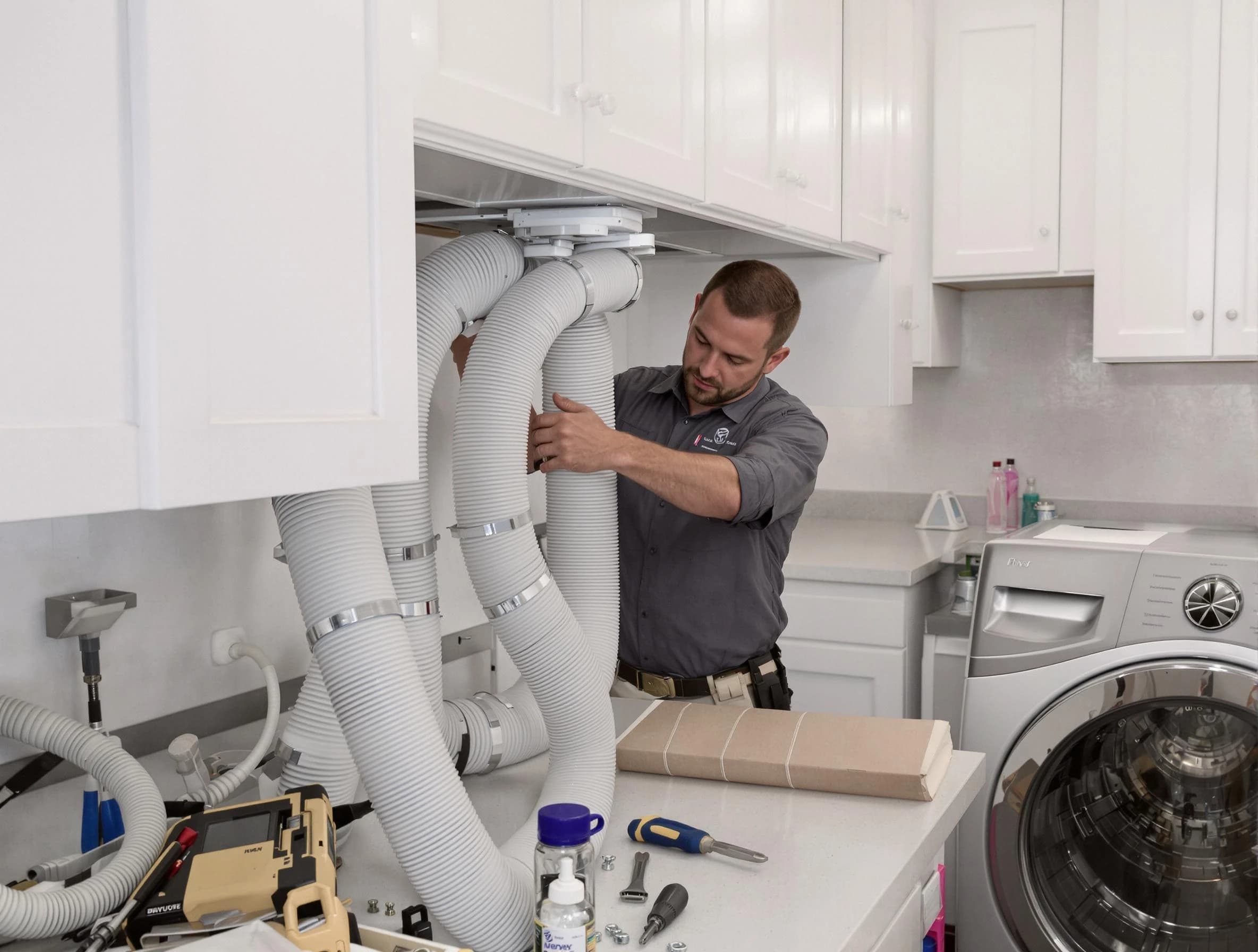 Huntington Beach Dryer Vent Cleaning technician installing a new professional-grade dryer vent hose in Huntington Beach