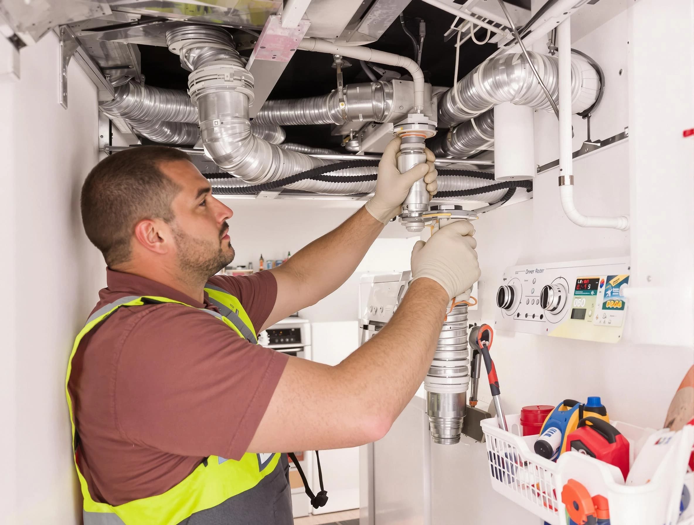 Huntington Beach Dryer Vent Cleaning expert performing both repair and installation work on a dryer vent system in Huntington Beach