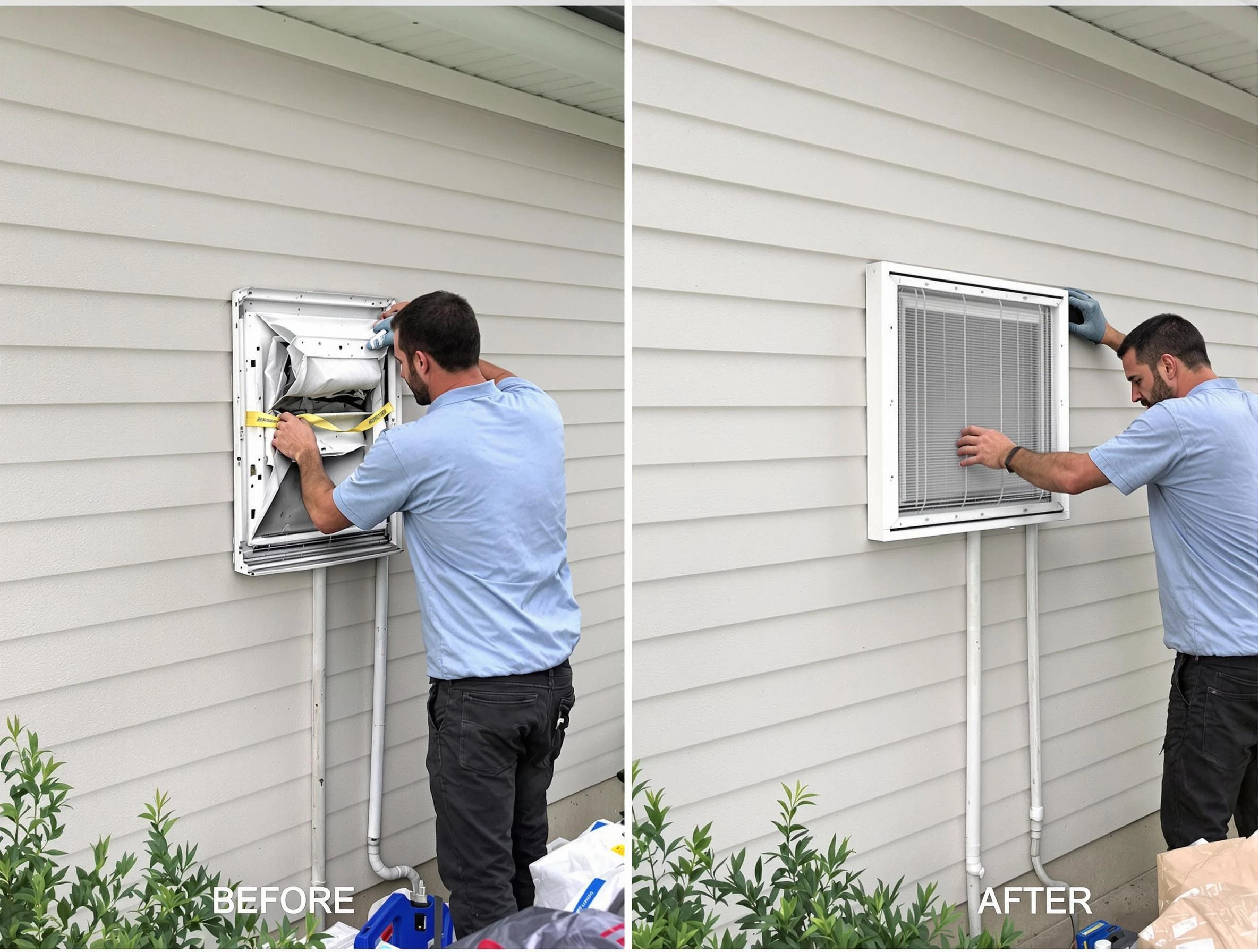 Huntington Beach Dryer Vent Cleaning technician installing high-quality dryer vent cover at a residential property in Huntington Beach